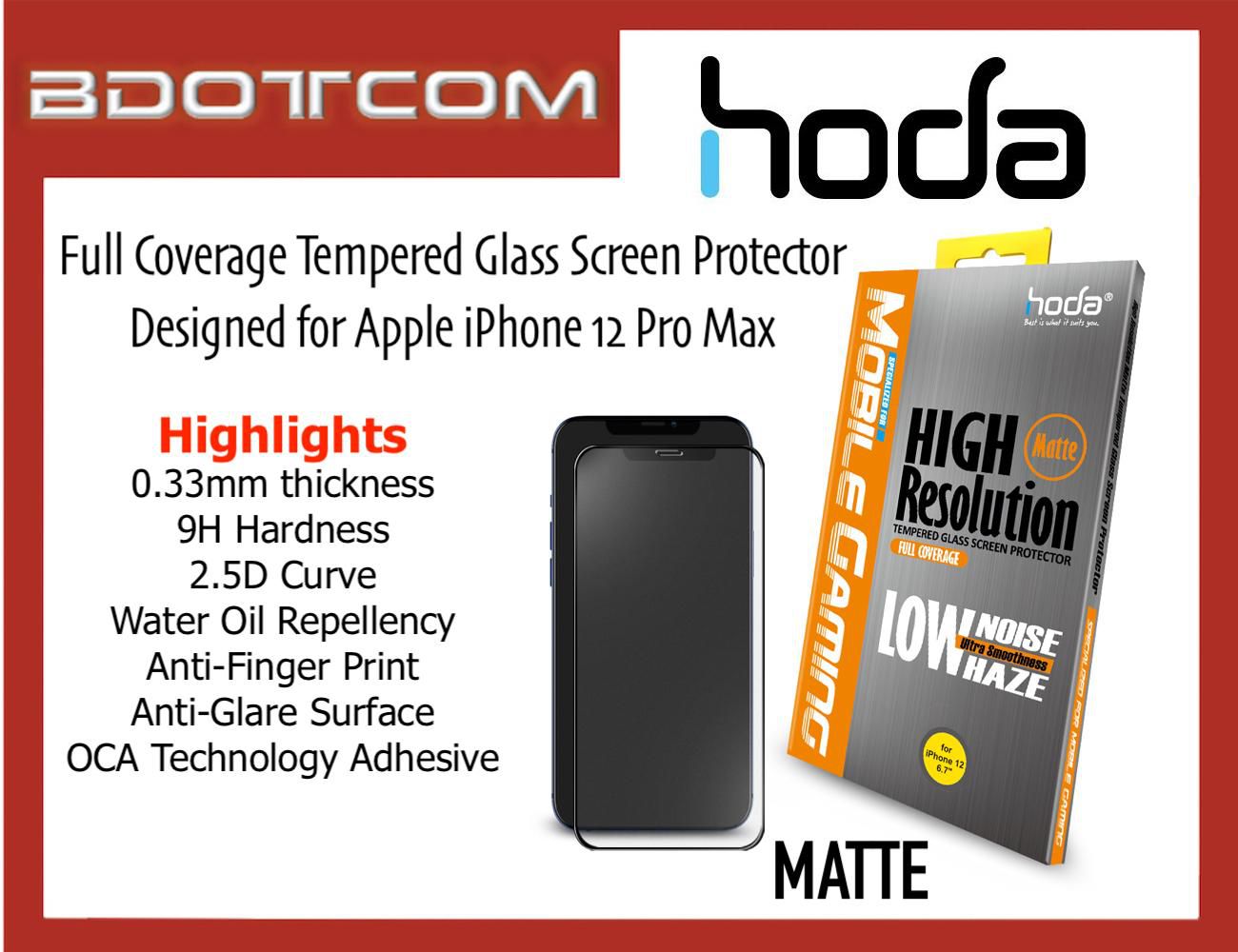 Original HODA 0.33mm 2.5D 9H Full Coverage Tempered Glass Screen Protector