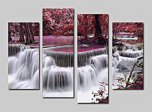 Generic Xyt - 1043 Unframed High Definition Prints Red Trees And Waterfall Pattern Wall 4PCS - Colormix