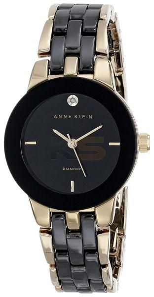 Anne Klein Women's Diamond Dial Gold-Tone and Black Ceramic Bracelet Watch (21-AK1610BKGB)