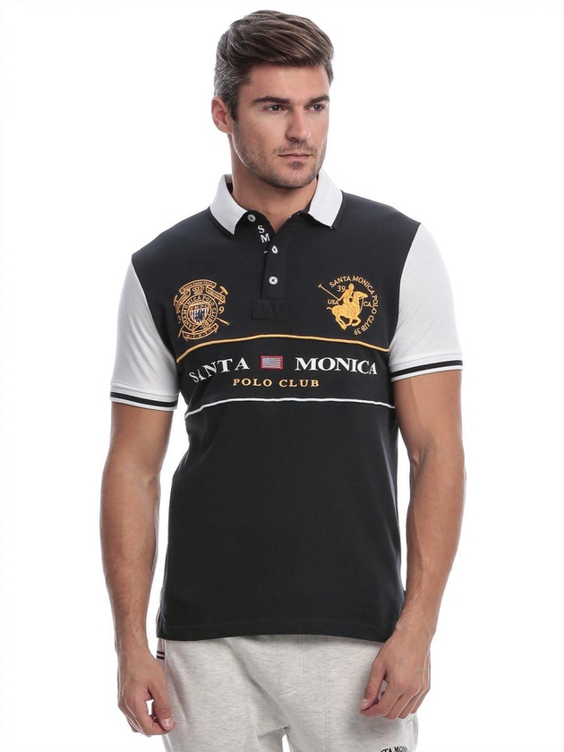 Santa Monica Black Cotton Shirt Neck Polo For Men