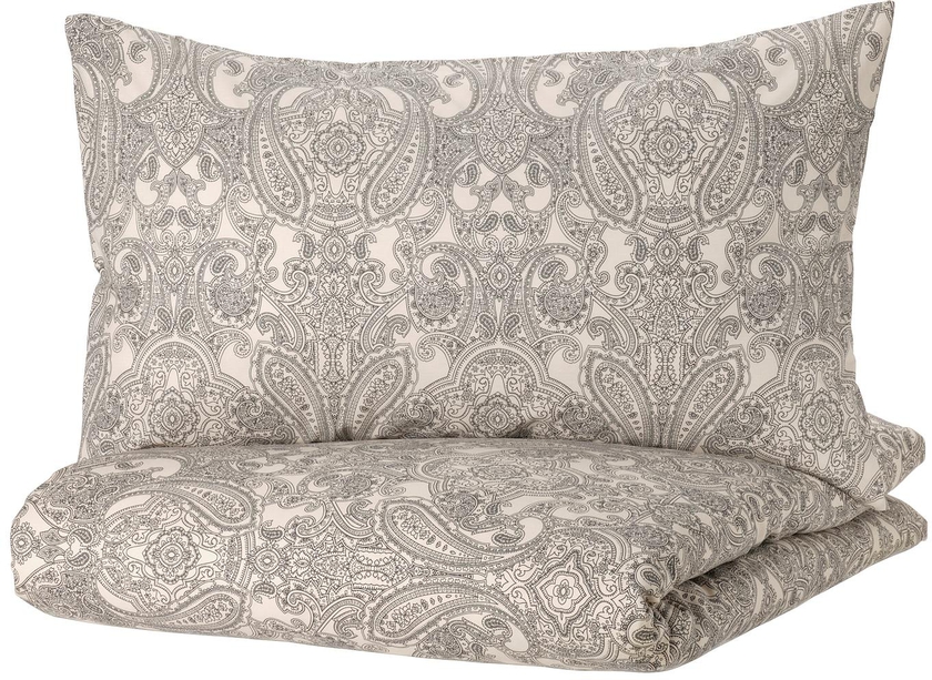 JÄTTEVALLMO Duvet cover and 2 pillowcases - beige/dark grey 240x220/50x80 cm