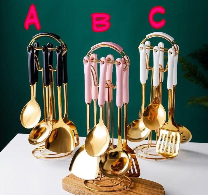 Non Stick Gold Coated Serving Spoons With Stand