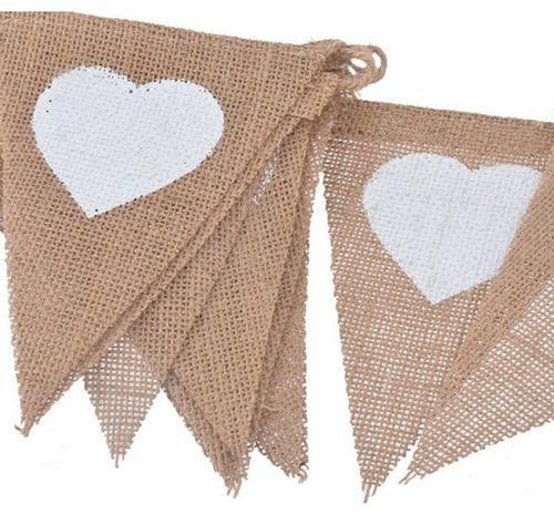 Liplasting 13Pcs Jute Fabric Bunting Banner Triangle White Heart Flags Vintage Wedding Party Banners Wedding Decoration With Rope