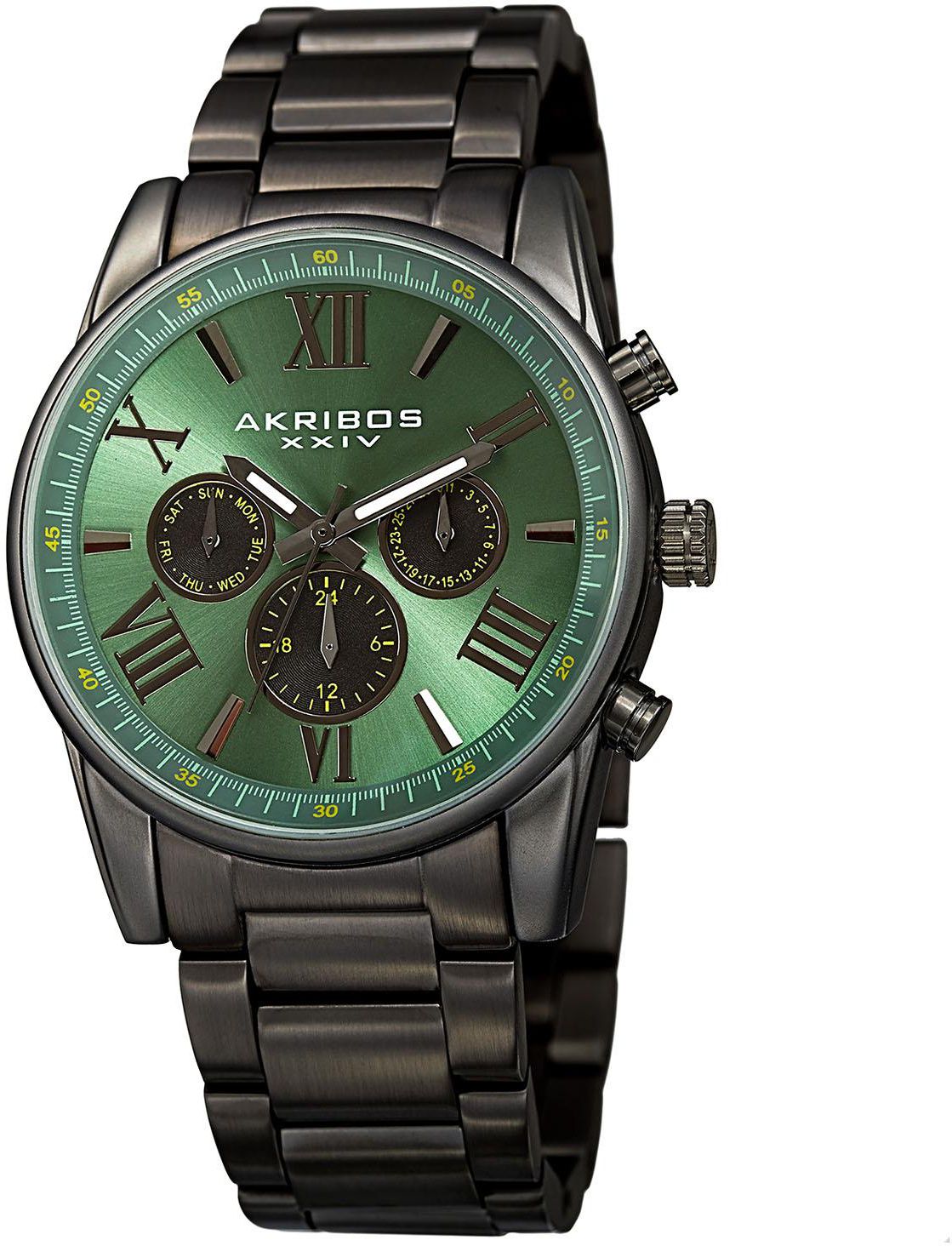 Akribos XXIV Men's Swiss Quartz Multifunction Dual Time Green Bracelet Watch