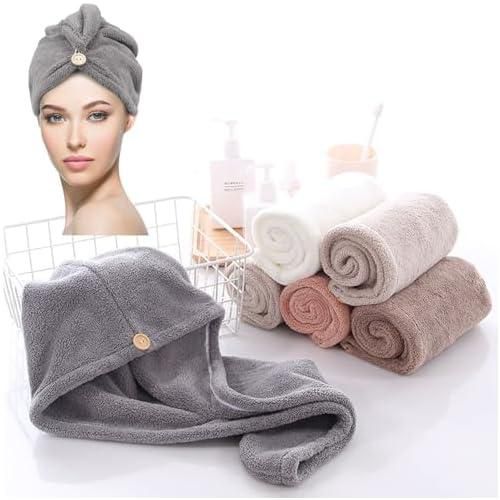 Microfiber Hair Towel 5 Pack, Hair Towel with Button, Super Absorbent Hair Towel Wrap for Curly Hair, Fast Drying Hair Wraps for Women, Anti Frizz Microfiber Towel 5 (Grey, Pink, Brown, Beige, Camel)