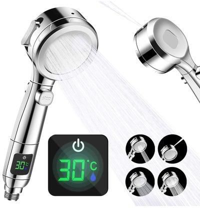 Shower Head Water Saving Shower Head with Pressure Increase 4 Jet Settings, Universal Large Energy Shower Head Temperature Display One Button Pause Switch