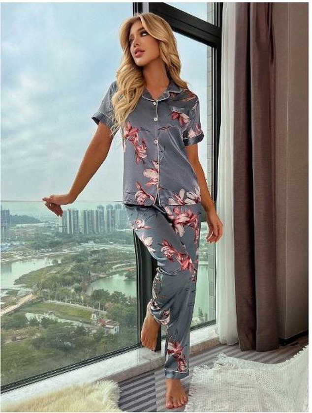 SHEIN Floral Print Satin Lapel Pajama Set