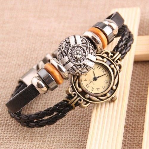 Vintage Style Female Weave Wrap Two String around Leather Watchband Round Dial