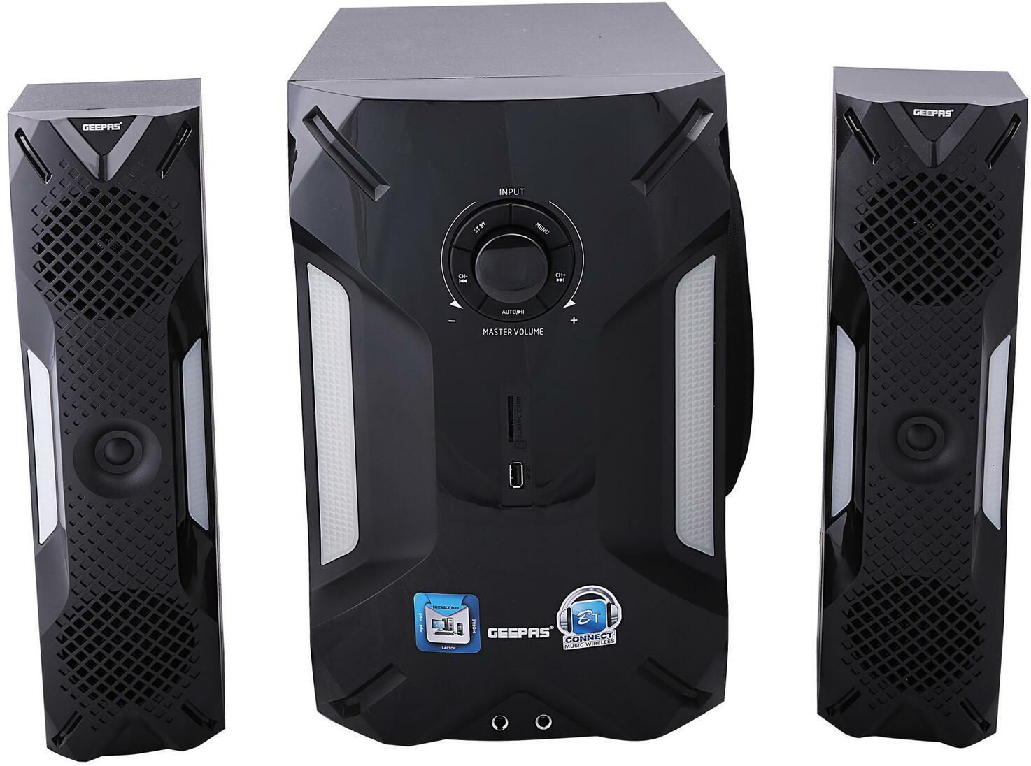 Geepas 2.1 Multimedia Speaker, 35000 Watts Peak Power, 8&quot; Woofer| USB, Bluetooth &amp; Multiple-Devise, Multiple Devise Inputs (Pc, Ps4, Xbox, Smartphone, Tablet, Music Player), 1 Year Warranty