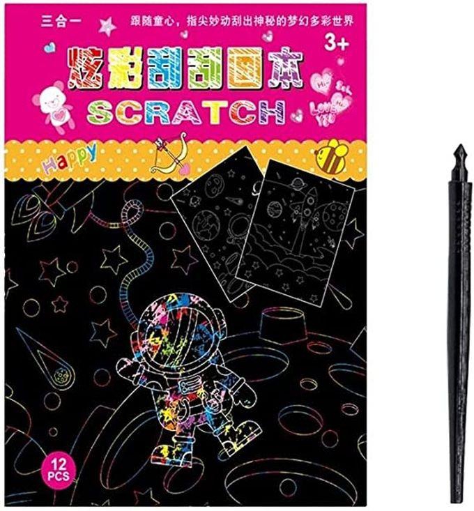 Scratch Art Notes, Rainbow Paper Scratch Book For Kids Educational Toy Scratching Art For Kids Large Scratch Book Magic Scratch Pad + Scratch Pen, (Pink(Space+Spaceman))