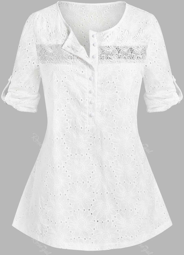 Plus Size Broderie Anglaise Roll Up Sleeve Half Button Blouse - 4x