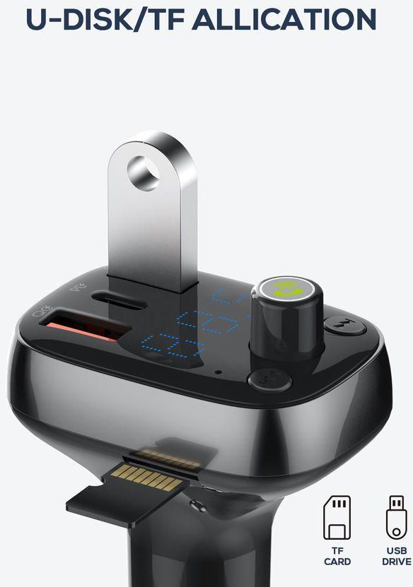 Ldnio car charger c704q BLUETOOTH FM TRANSMITTER TRIPLE USB CHARGER USB-C PD QC4.0+ AUTO-ID TF Card Slot Battery Voltage Display One Touch" Hands Free Calls 36W QUICK CHARGER WITH CABLE Type.c To Iphone