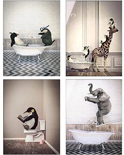 ZFTCN Animal Black White Wall Art Prints, Animal in the Bath Canvas Pictures Dream Bath Poster Minimalist Home Decor - 4 Pieces Without Frame (20 x 30 cm x 4 pieces)