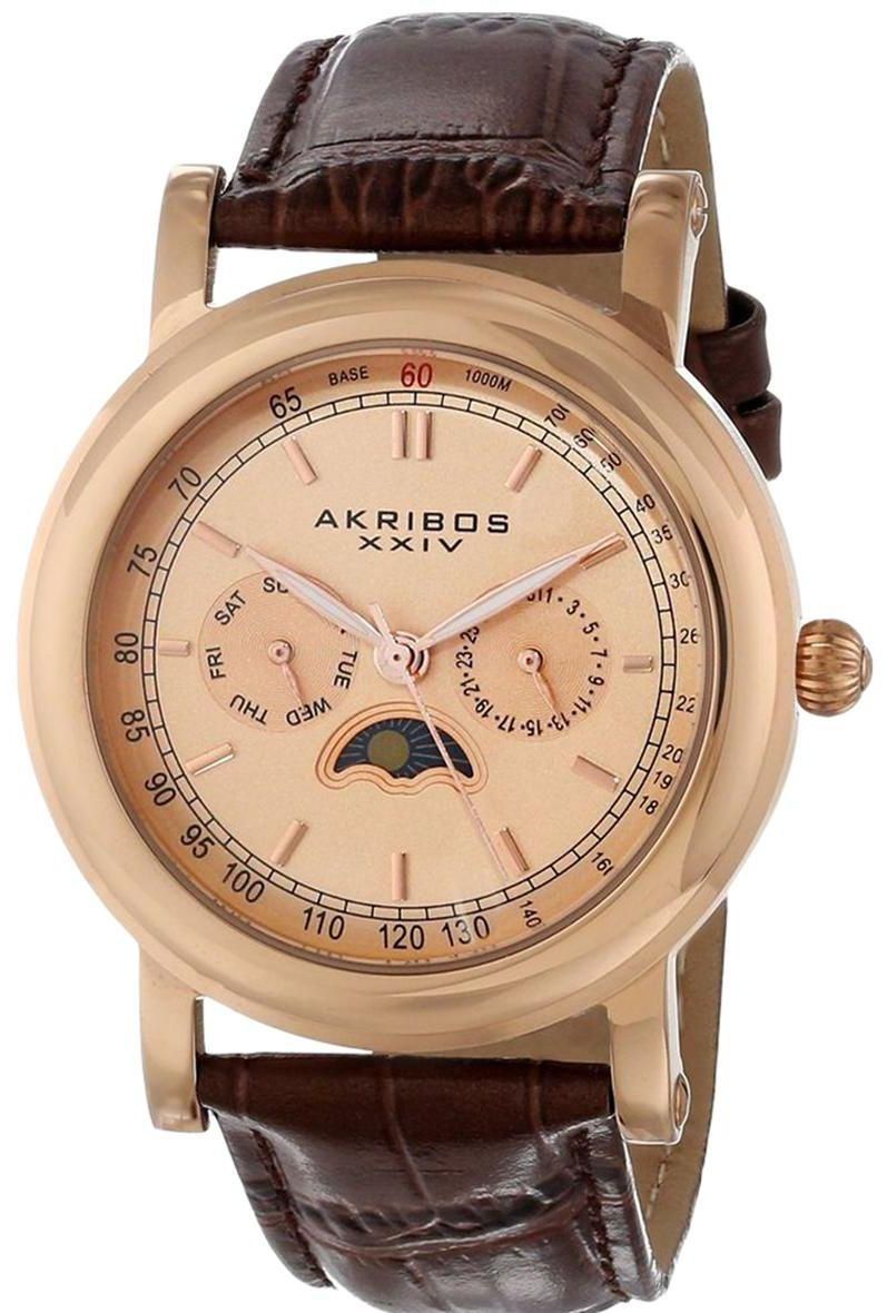 Akribos XXIV Retro Men's Rose Gold Dial Leather Band Watch - AK632RG