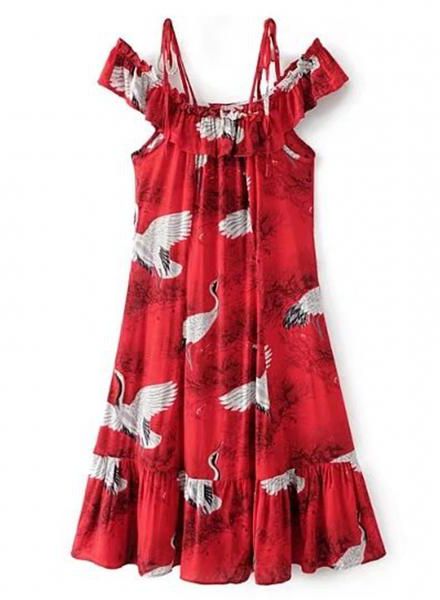 فستان مزيج القطن أحمر طباعة