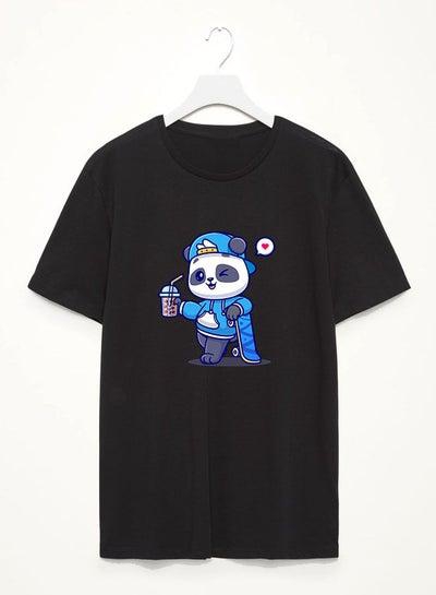 Oversize Graphics Printed Loose Tee Short Sleeve Round Neck Casual Black Tshirt Panda Having Drink
