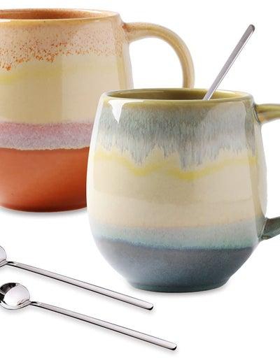 Large Coffee Mugs 16 oz, Set of 2 Ceramic Tea Mugs with Spoons, Perfect for Soup, Hot Cocoa, and More, Funny Tea Cups for Office and Home.