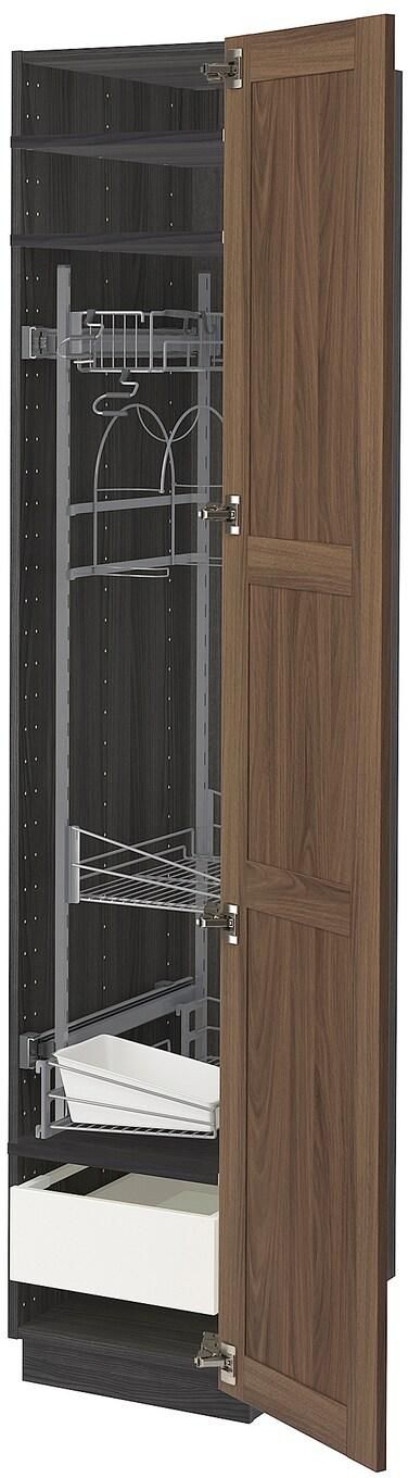 METOD / MAXIMERA خزانة عالية مع أرفف مواد نظافة - أسود Enköping/بني شكل خشب الجوز ‎40x60x200 سم‏