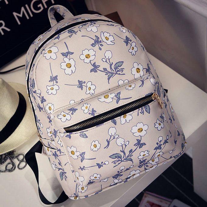 Neworldline Women's Leather Floral Printed School Bag Travel Backpack Bag BG-Beige