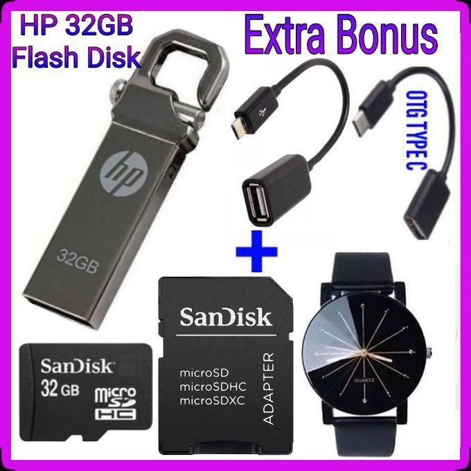 HP USB 32GB Flash Disk +Extra Memory Card 32GB, Watch,2*OTG Cables
