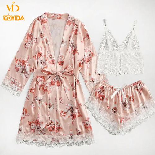 New Arrival Three-piece Set Nightwears  Pink Floral Robe Lace Top and Down Pajamas Sets Sexy Sleepwear Comfortable Nightgowns Lace Vest With Comfortable Shorts And Long-sleeved Rob
