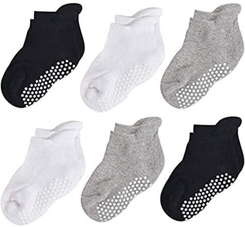 DELFINO Unisex Baby Non-Skid Socks Cotton Half Cushion Grip Ankle Socks Infants and Toddlers 6/9 Pair Pack Ankle Socks with Non Skid Soles for Infants Toddlers Kids Boys Girls