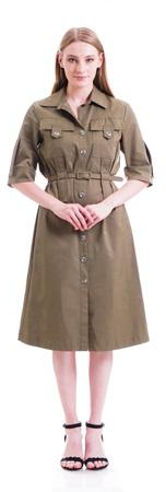 Blend Button Front Solid Color Cotton Dress - Size: XL (Khaki)