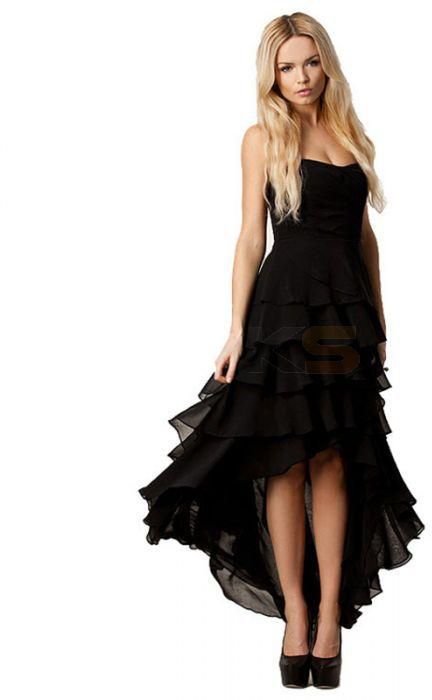 Strapless Asymmetrical Flowy Pleat High Low Hem Chiffon Dress Black