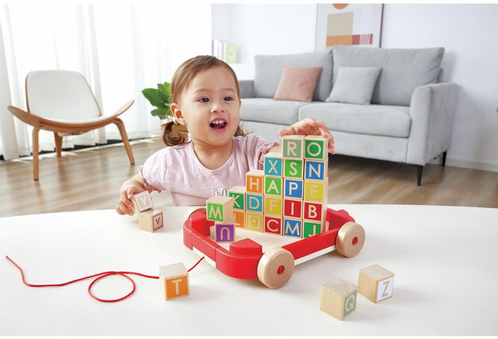 Hape - Wooden Pull-Along Cart With Stacking Blocks- Babystore.ae