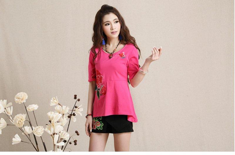 Alissastyle Embroidery Flower A-Line Sleeved Tshirt 3/4 (Pink)