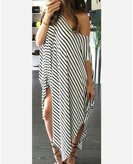 Lady Fashion Striped Long Maxi Dress - Black & White