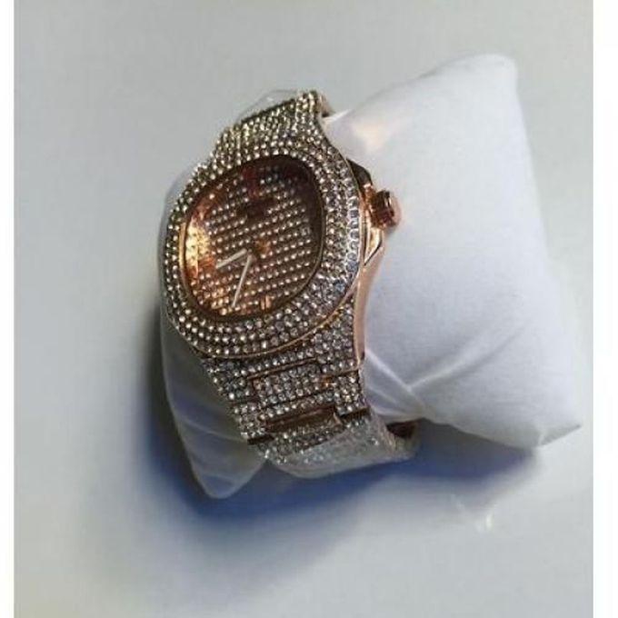 Keep Moving Men's Iced Stones Strap Bracelet Watch- Gold