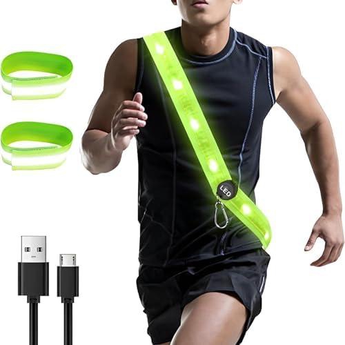 Rayyan LED Reflective Belt Sash,High Visibility Reflective Belt Sash,USB Rechargeable Gear with 2Pcs Reflective Armbands,Adjustable Running Lights for Runners,Walkers,Men,Women(Green)