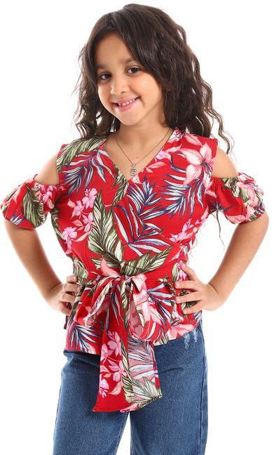 Fairytales Floral V-Neck Girls Blouse With Waist Lace Up - Red
