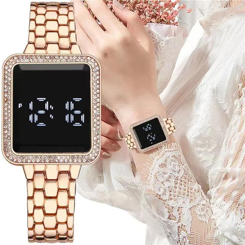 Square diamond inlaid led simple steel band watches touch wrist watch for man and women casual fashion trend electronic watchs