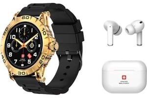 Swiss Military DOM2 Smart Watch Yellow Gold With Silicon Strap Black + DELTA1 TWLS Earbuds