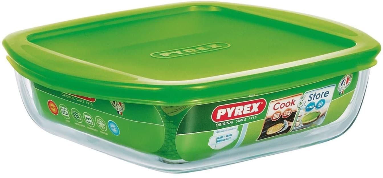 Pyrex Square Food Container With Lid - 1 Liter - Green