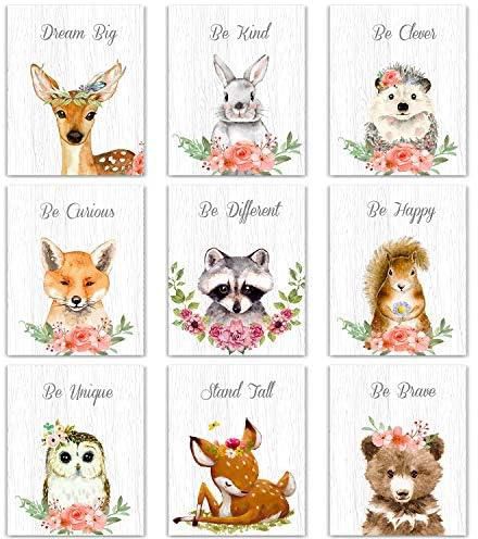 Outus 9 Pieces Woodland Nursery Wall Art Prints Cute Woodland Floral Crown Animals Motivational Posters Pictures Wall Decor for Baby Kids Room Home Decorations (Unframed, 8 x 10 Inch)