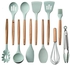 Silicone Cooking Utensil Kitchen Utensils Set, 13 Piece Silicone Kitchen Utensil Wooden Handles, Kitchen Spatula Sets with Holder Spoon Turner Tongs, Mint Green