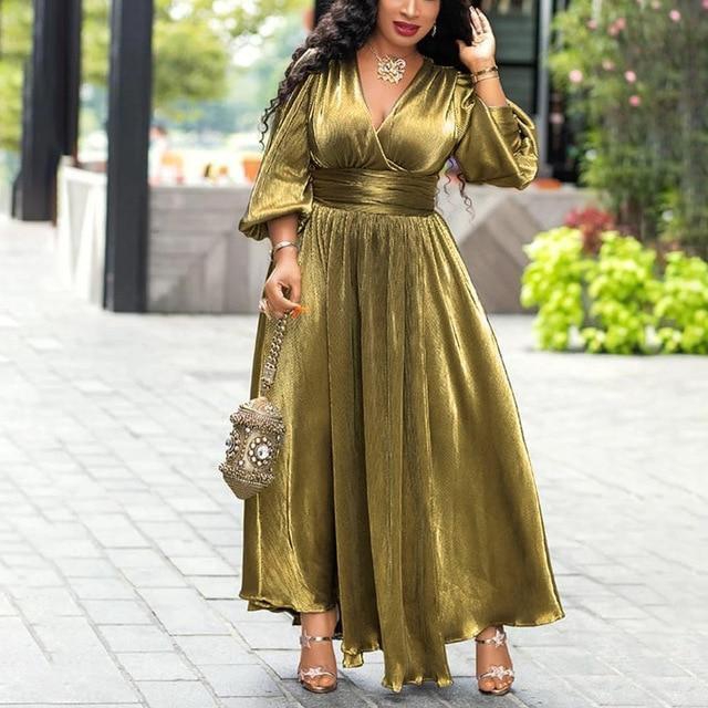 Luxury Golden Glitter Party Dress, Lantern Sleeve Dress