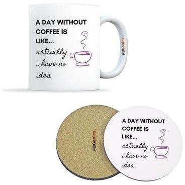 2-Piece A Day Andout Coffee Printed Mug And Round Coaster Set White/Black/Pink 325ml