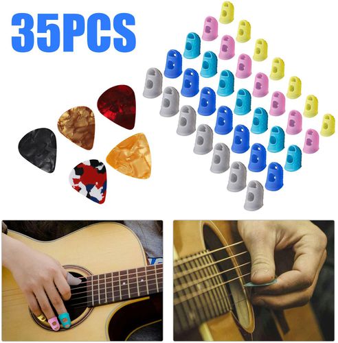 Guitar Finger Protector, TSV 35Pcs Soft Silicone Guitar Fingertip Cover Cap (L/M/S Sizes) for Guitar Banjo Mandolin Ukulele Player, with 5 Pcs Guitar Picks