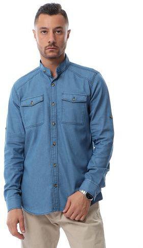 Andora Chest Pocket Band Collar Denim Shirt For Men - Light Blue