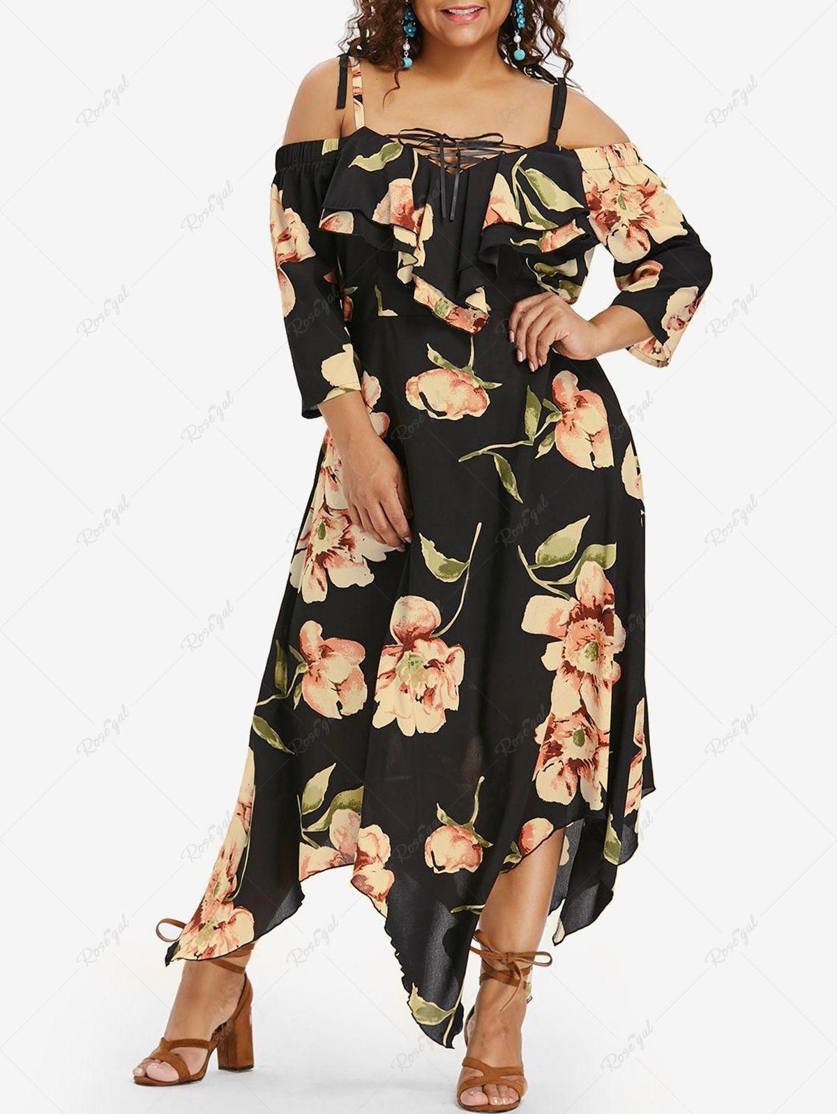 Plus Size Flower Print Lace Up Cold Shoulder Handkerchief Dress - L | Us 12