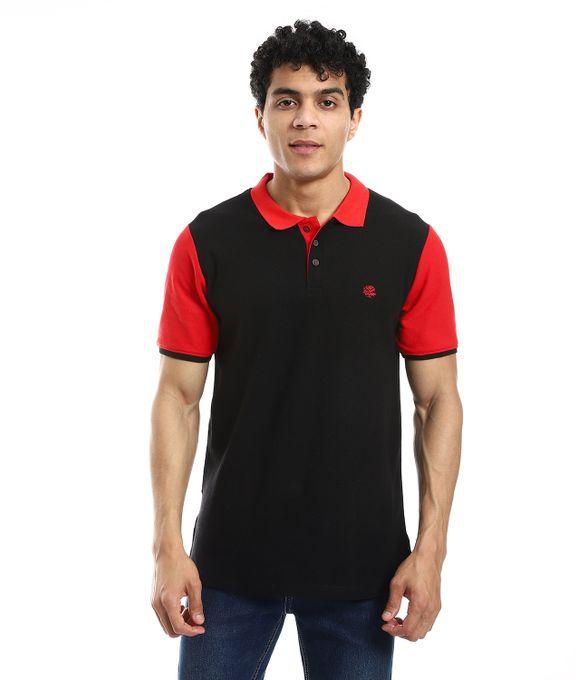 Izor Bi-Tone Turn Down Collar Polo T-Shirt - Black & Red