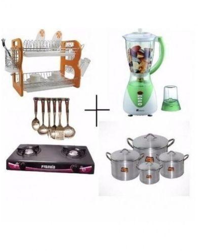 Universal Plate Rack, Gas Cooker, 4 Sets Of Pots, Blender & Cooking Spoons