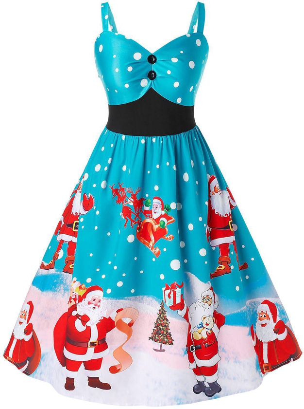 Plus Size Christmas Santa Claus Print Vintage Party Dress - 5x