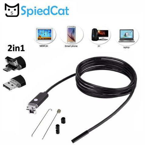 Generic SPIED CAT 2 in 1 7mm Lens HD Micro/USB Waterproof Endoscope Borescope Snake Inspection Video Camera for Android PC Window JUN(Black)( 2M)