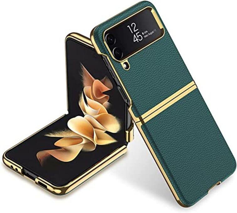 For Samsung Galaxy Z Flip 4 Case, Genuine Leather Galaxy Z Flip 4 Case, Shockproof Case For Z Flip 4, Electroplated Phone Case For Samsung Galaxy Z Flip 4 5G (2022)- Dark Green
