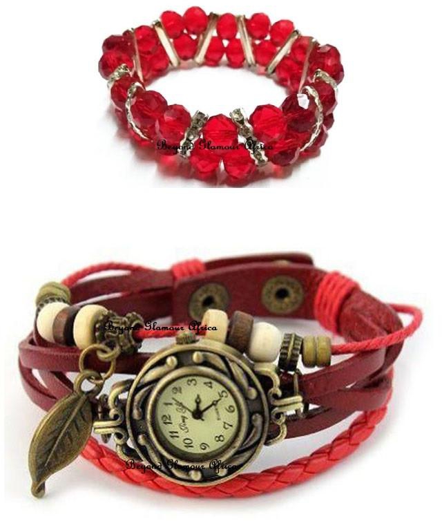 Womens Red leather leaf pendant watch with bracelet